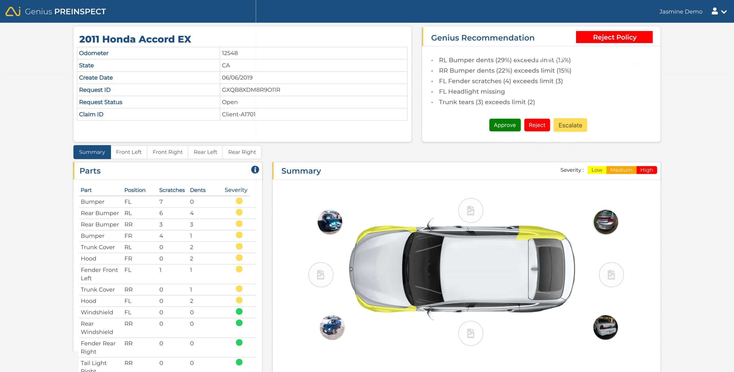 GeniusPREINSPECT Parts Summary Screenshot