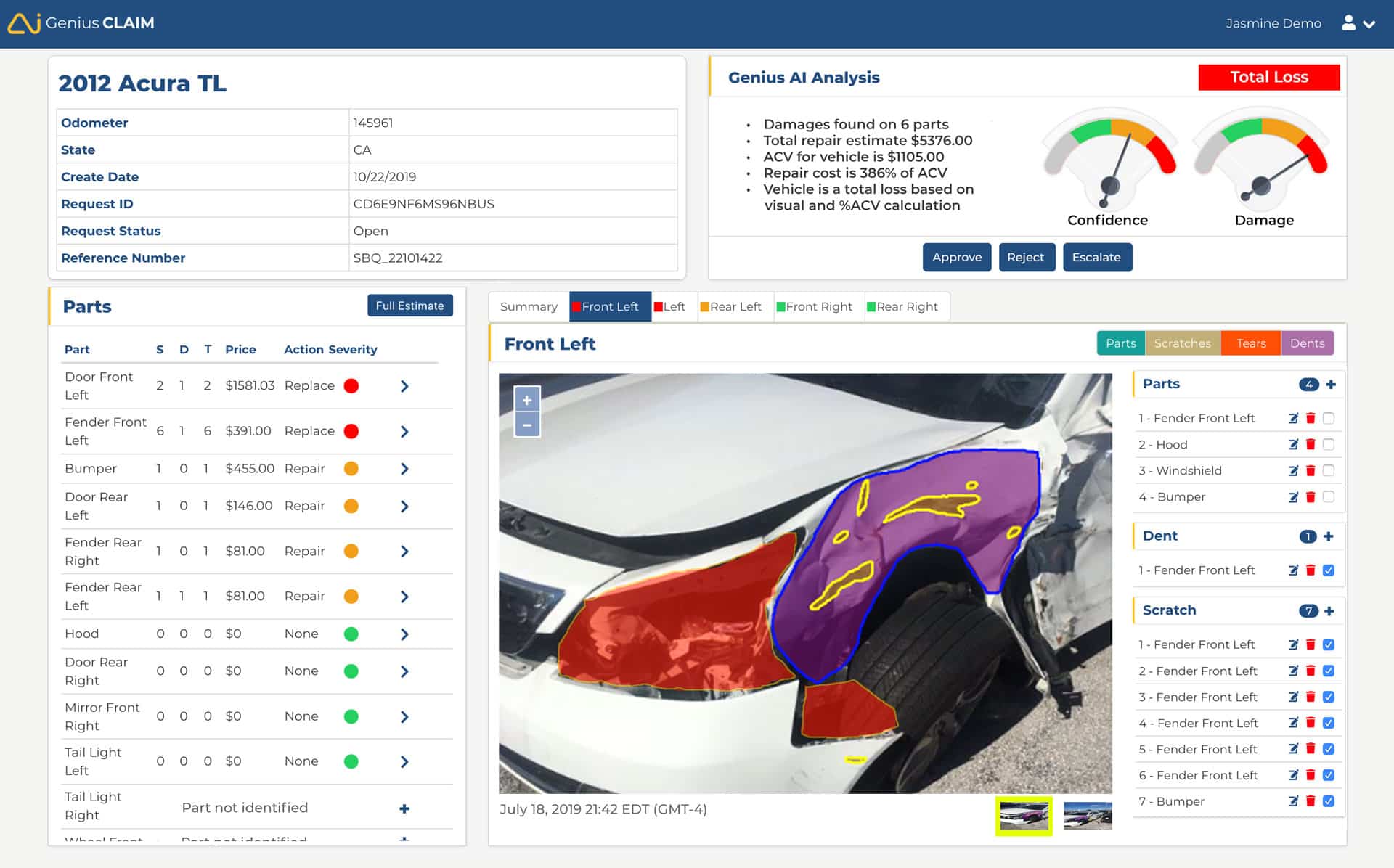 GeniusCLAIM Parts Analysis App Screenshot